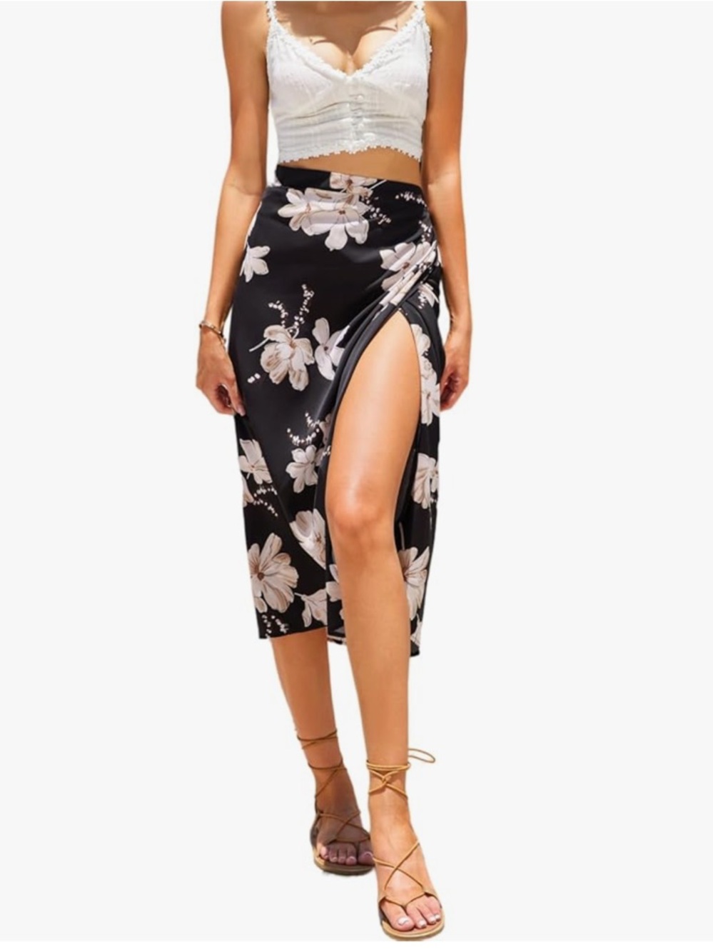 Black Floral Wrap Midi Skirt with Cream Blooms High Low Slit Flowy Size M